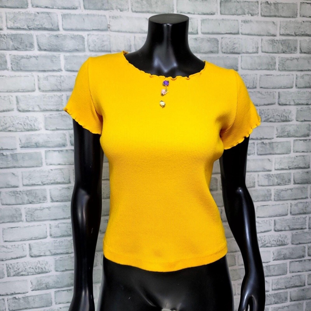 Chic Yellow Ribbed Cotton Baby Tee‎ Lettuce Trim Floral Y2K Coquette Top